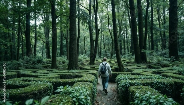 Fototapeta Person walking through a green maze in a dense forest with a sense of adventure