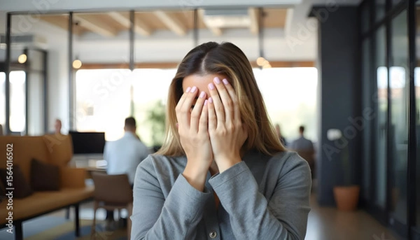 Fototapeta Young woman covering her face with hands, expressing emotion in a busy office environment