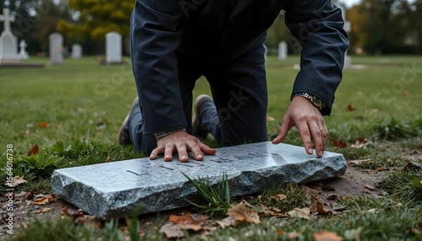 Fototapeta Person kneeling at a grave, touching the gravestone in a cemetery with a somber mood