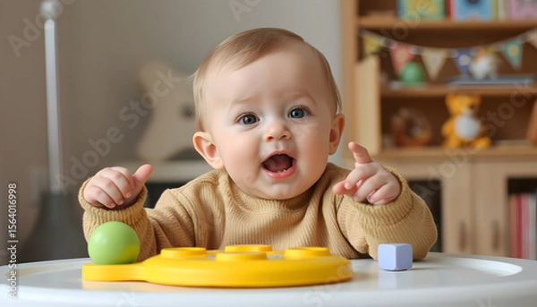 Fototapeta Happy baby playing with colorful toys at a bright indoor play area with a cheerful expression