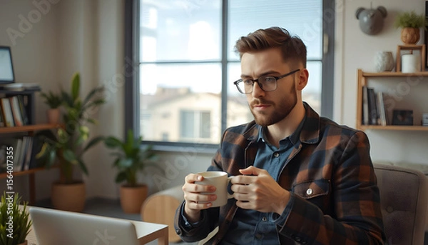 Fototapeta Thoughtful man sitting with a cup of coffee in hands, working at a modern home office