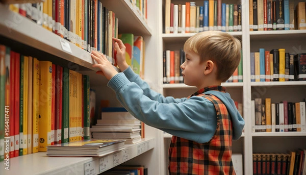Fototapeta Curious young boy exploring bookshelves in a colorful library setting
