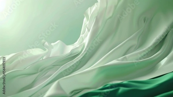 Fototapeta Elegant Saudi National Day design, flying airy silk-textured green and white. Horizontal promotional banner with copy space, free space for text