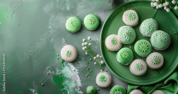 Fototapeta Traditional Saudi flag colors, green white buttercream round shortbread cookies on a green background. Horizontal banner with copy space, free space for text