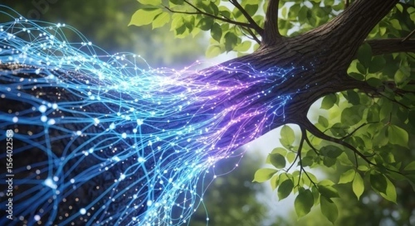 Obraz digital network flowing through an organic tree trunk, blending nature and technology