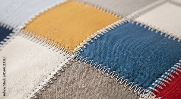 Obraz colorful patchwork fabric close up with zig zag stitching texture in blue, yellow, red, and neutral tones, textile background