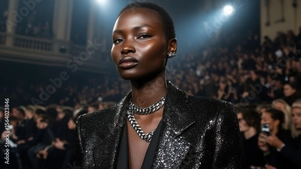 Fototapeta Elegant model showcases a sparkling jacket and chunky chain necklace at a fashion show, with a crowd of spectators in the background.