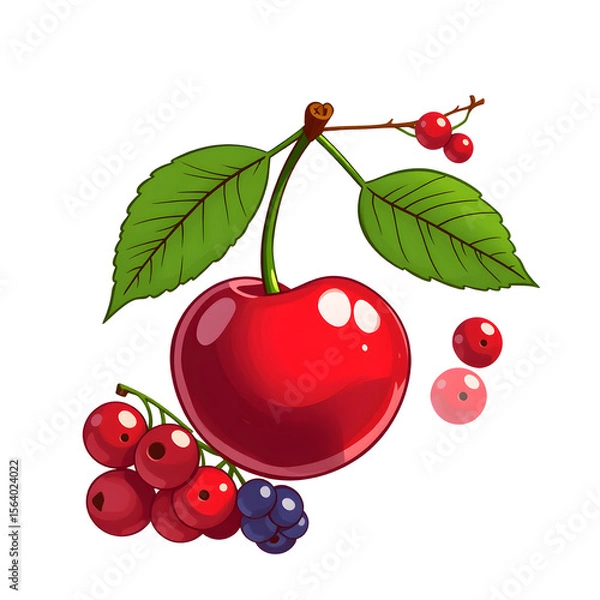 Fototapeta A red cherry with a green leaf on top
