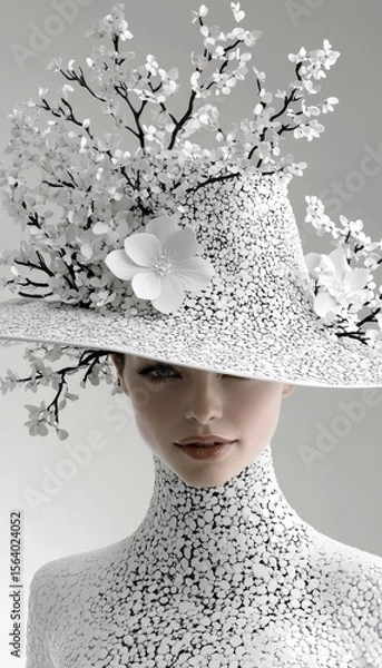 Fototapeta Elegant woman in intricate white floral hat and matching textured high-neck garment, set against a soft, neutral backdrop.