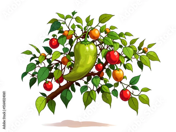 Fototapeta A green pepper is hanging from a tree with red and green fruit