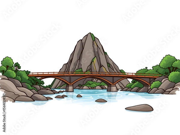Fototapeta A bridge spans a river with a mountain in the background