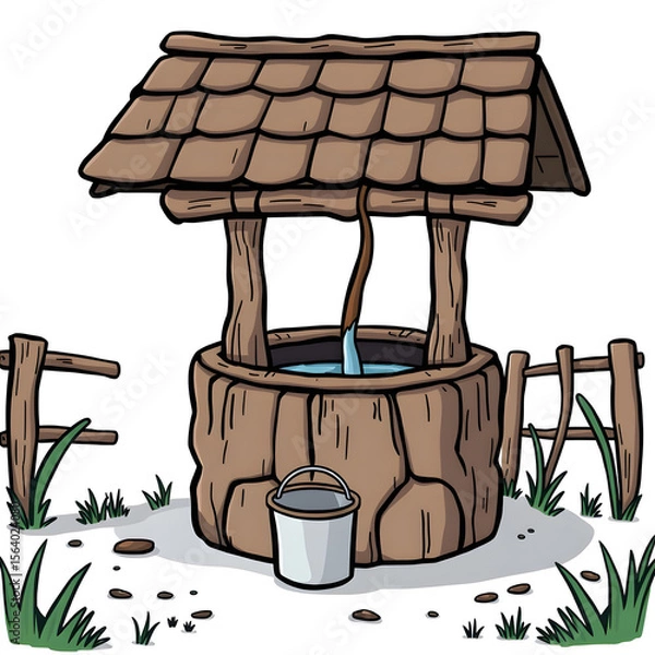 Fototapeta A cartoon drawing of a well with a bucket of water in it