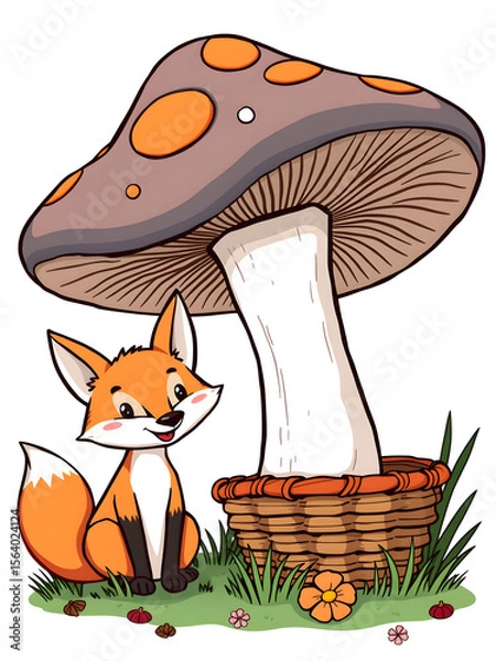 Fototapeta A cartoon fox is sitting on the grass next to a mushroom