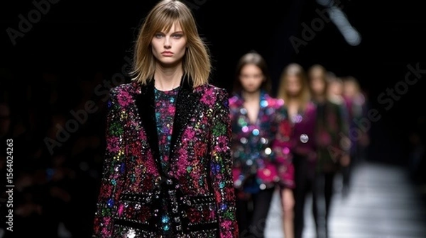 Fototapeta Runway model showcases an elaborate, sequined jacket, walking with confidence in a fashion show against a dark background.