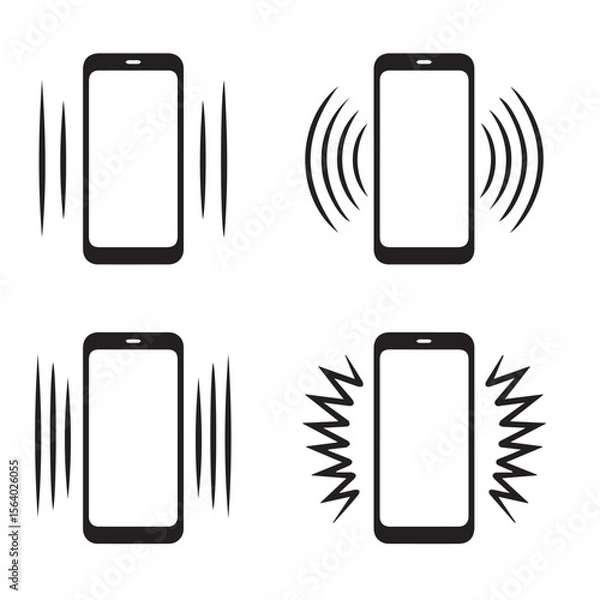 Fototapeta Four black and white icons of a smartphone displaying different notification or ringing signals on a white background