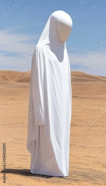 Fototapeta Mysterious figure draped in white in the desert, the image evokes a sense of anonymity and otherworldliness.