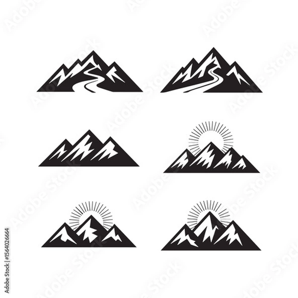 Fototapeta Collection of stylized black and white mountain range icons with winding paths and sunbursts on a white background