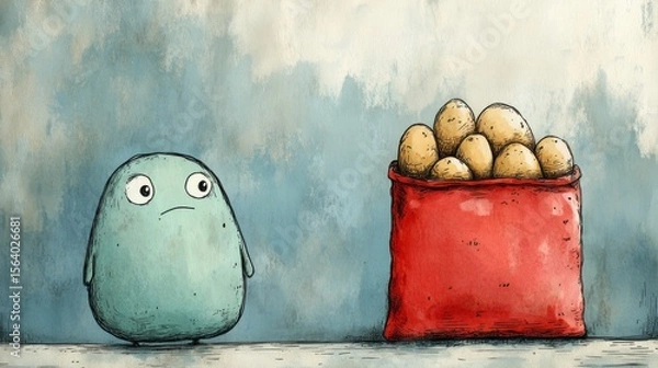 Fototapeta A cartoonish character is looking at a red bag of eggs