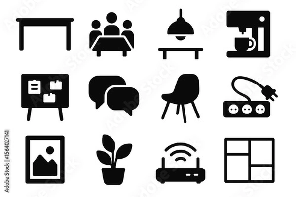 Fototapeta 12 black coworking space icons on white. Vector for shared offices and collaboration.