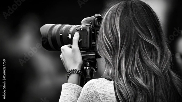 Fototapeta Photographer focusing camera lens, capturing images with precision. View from behind, showcasing hair and professional equipment.