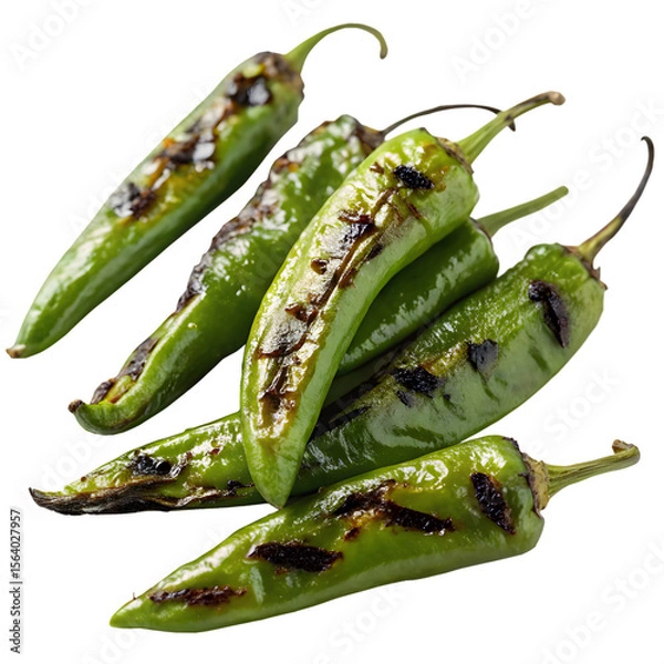 Fototapeta Freshly grilled green serrano peppers with char marks isolated on transparent background
