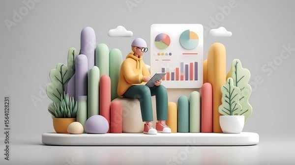 Fototapeta Minimalist 3D Floating People in Work and Productivity Situations, Pastel Colors, Clean Modern Background, Perfect for Stock and Digital Projects. creative stock, digital career, tech environment, off