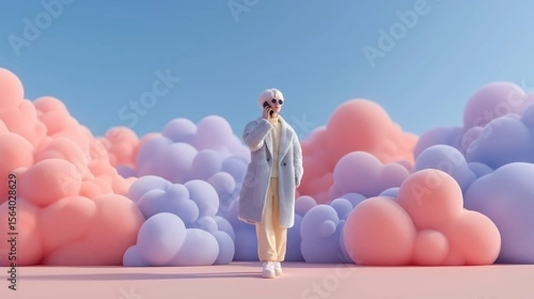 Fototapeta Minimalist 3D Floating People in Work and Productivity Situations, Pastel Colors, Clean Modern Background, Perfect for Stock and Digital Projects. creative stock, digital career, tech environment, off