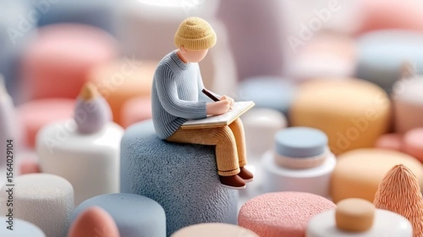 Fototapeta Minimalist 3D Floating People in Work and Productivity Situations, Pastel Colors, Clean Modern Background, Perfect for Stock and Digital Projects. creative stock, digital career, tech environment, off