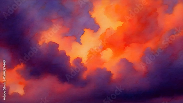 Fototapeta A watercolor painting of an abstract sunset sky featuring bold orange and purple colors