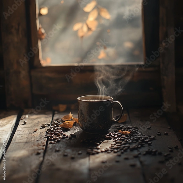 Obraz Steaming Coffee on a Rustic Wooden Table by a Window