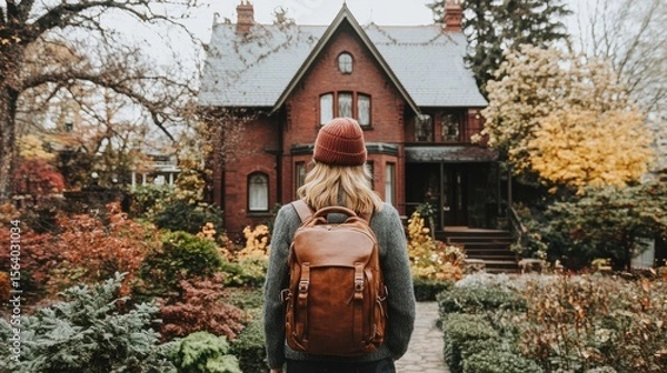 Fototapeta Backpacker heading to a brick house on a fall day. Beautiful landscape with colorful flowers and trees lining the path.