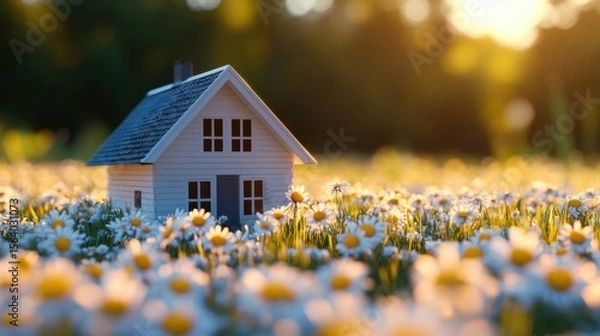 Fototapeta A charming small house nestled in a lush field of daisies bathed in warm sunlight. Dreamlike scene with a peaceful, idyllic feel.