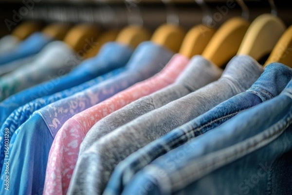 Fototapeta A close-up view of shirts with varying patterns and colors hung on wooden hangers, focusing on style and textiles.