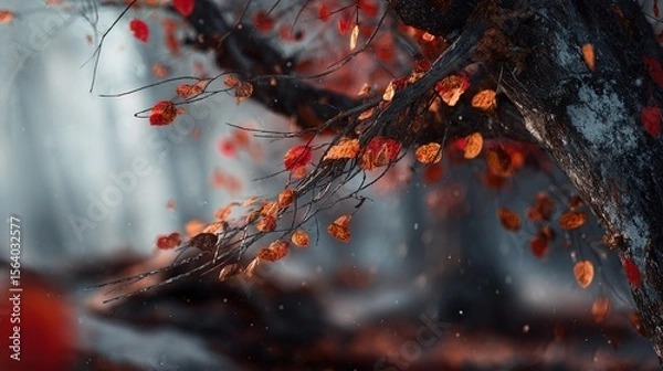 Fototapeta Beautiful autumn leaves falling from trees in a forest, with a blurred background and a foggy atmosphere. The colors are dark red and orange, with a fantasy-style, cinematic lighting effect. 