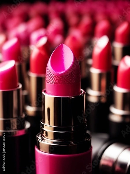 Fototapeta Close-up lipstick model of pink lipstick standing out against a group of the same product. AI generated image.