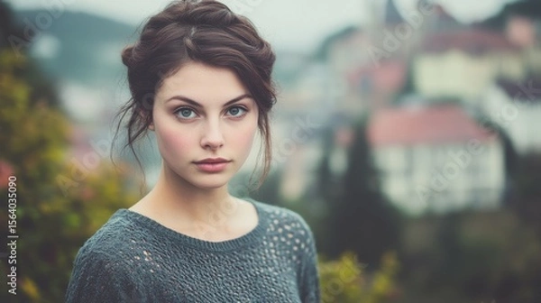 Fototapeta Portrait of a young woman with braided hair in a sweater in front of a blurred town in the background on an overcast day. A beautiful look.
