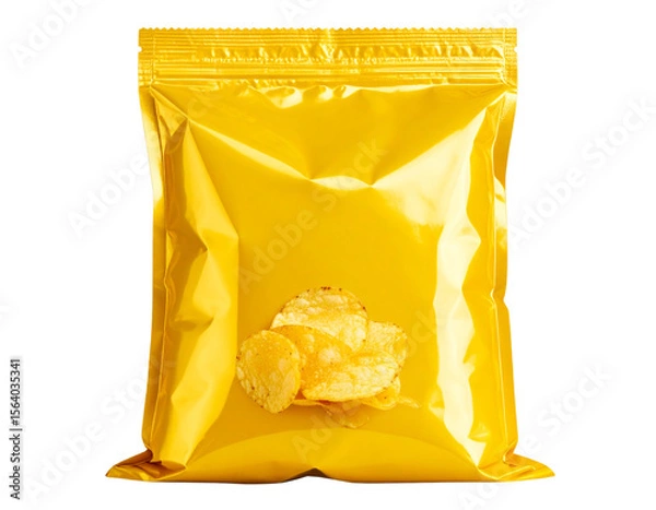 Fototapeta Front View of Sealed Yellow Chips Bag with Glossy Packaging, isolated on transparent background