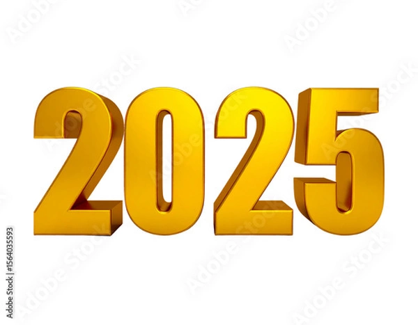 Fototapeta Golden 3D 2025 New Year Numbers with Glossy Finish, Front View, isolated on white background