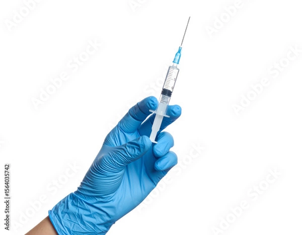 Fototapeta Hand Holding Syringe at an Angle, Ready for Injection, isolated on white background