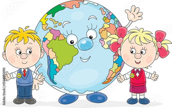 Obraz Little schoolboy and schoolgirl with funny cartoony Globe friendly smiling and waving in greeting, vector cartoon illustration on a white background