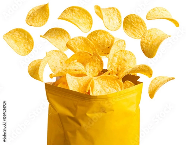 Fototapeta Opened Yellow Snack Bag with Floating Potato Chips in Mid-Air, isolated on transparent background