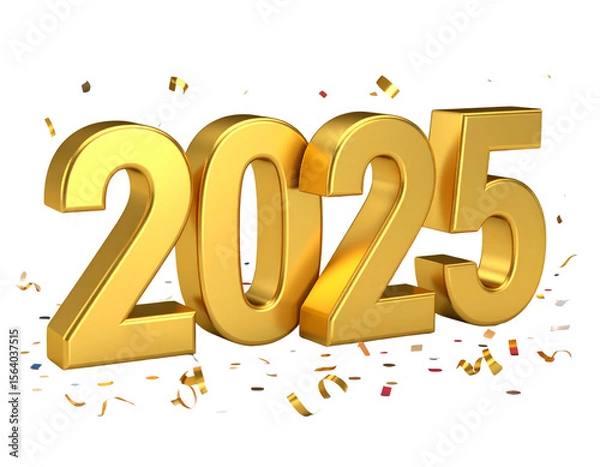 Fototapeta Floating Gold 3D 2025 Digits with Light Reflection, Modern Design, isolated on white background
