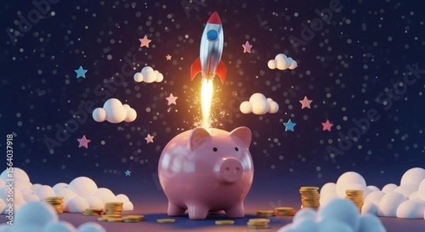 Obraz piggy bank rocket launching for financial growth and investment success in a starry night sky