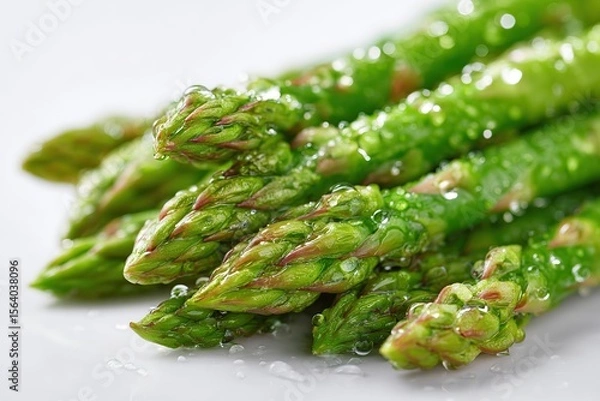 Fototapeta Fresh green asparagus tips glistening with moisture ready for culinary use in spring dishes