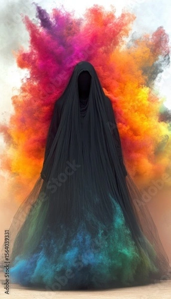 Fototapeta A cloaked figure emerges from a cloud of vibrant colors, creating a surreal and mysterious image.