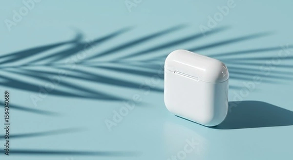Fototapeta A white airpod case with a shadow on a light blue backdrop.