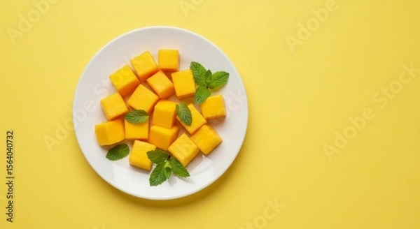 Fototapeta Vibrant image of diced mango and fresh mint on a white plate, set on a bright yellow backdrop.