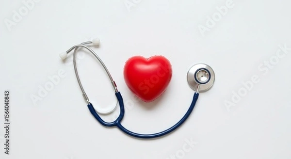 Fototapeta Medical concept with a stethoscope examining a red heart on white.