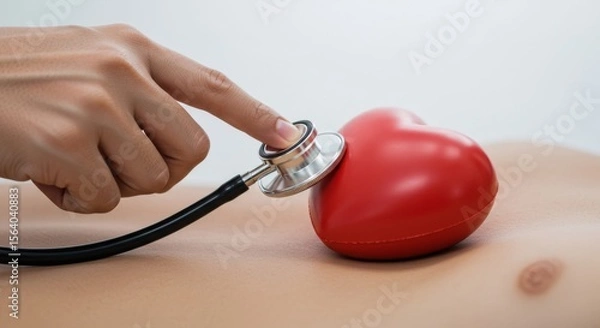 Fototapeta A medical professional using a stethoscope to listen to a red heart on someone's chest.
