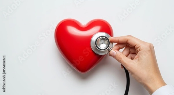 Fototapeta A doctor's hand using a stethoscope to examine a red heart.